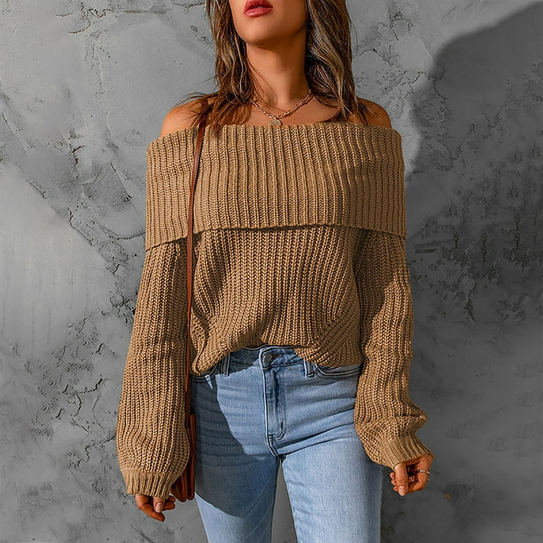 Off Shoulder Sweaters for Women Fall Casual Pullover Long Sleeve Elegant  Blouses Knitted Solid Jumper Top 