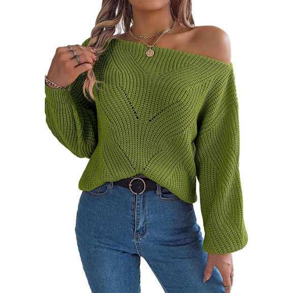 Off Shoulder Sweaters for Women Hollow out Lantern Sleeve off Shoulder Knitted Sweater Loose Fashion Clothes