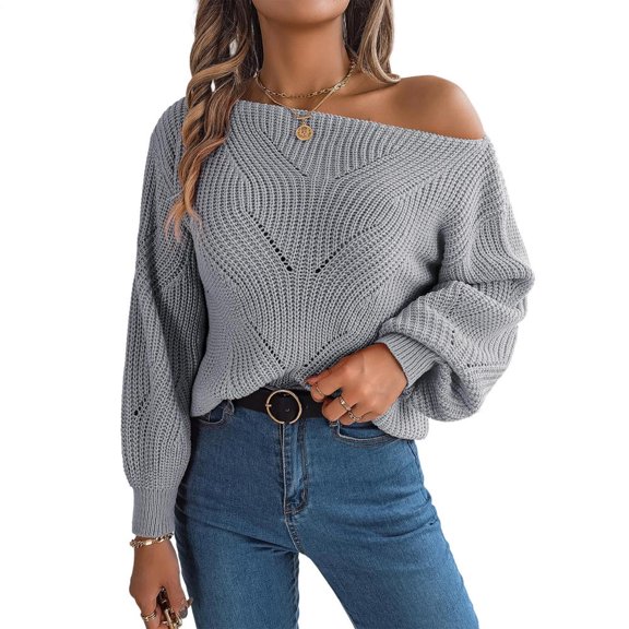 Off Shoulder Sweaters for Women Hollow out Lantern Sleeve off Shoulder Knitted Sweater Loose Fashion Clothes