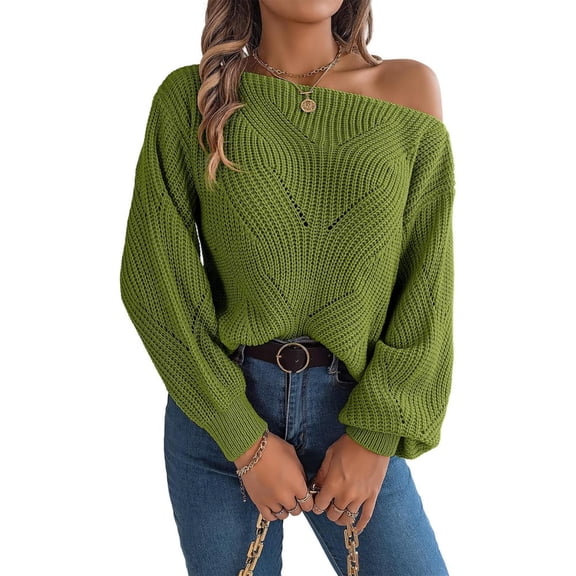 Off Shoulder Sweaters for Women Hollow out Lantern Sleeve off Shoulder Knitted Sweater Loose Fashion Clothes