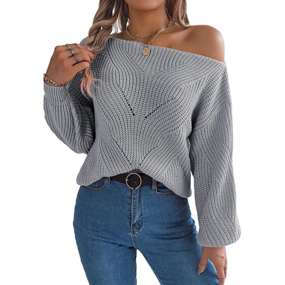 Off Shoulder Sweaters for Women Hollow out Lantern Sleeve off Shoulder Knitted Sweater Loose Fashion Clothes