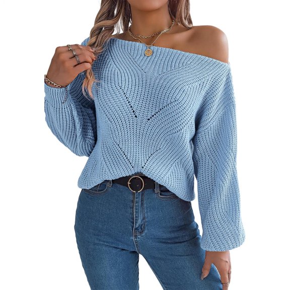 Off Shoulder Sweaters for Women Hollow out Lantern Sleeve off Shoulder Knitted Sweater Loose Fashion Clothes