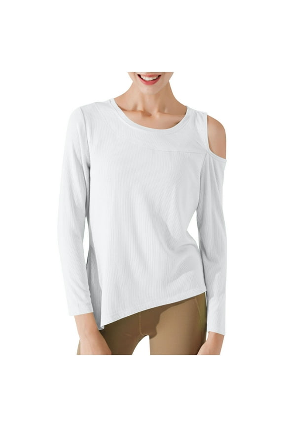 Off Shoulder Sweatshirts for Women Workout Fitness Athletic Outfits Sun Protection Sports Pullover Solid Crew Neck Blouses