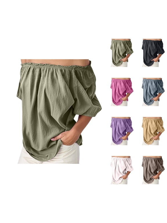 Off Shoulder T Shirts for Women 2026 Summer Cotton Linen Long Sleeve Dressy Casual Blouse Going out Tops
