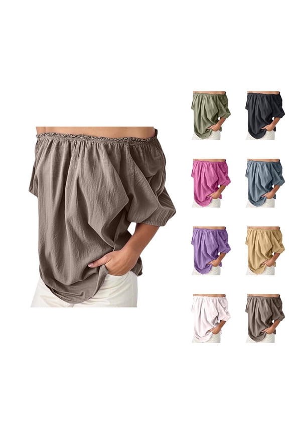 Off Shoulder T Shirts for Women 2026 Summer Cotton Linen Long Sleeve Dressy Casual Blouse Going out Tops