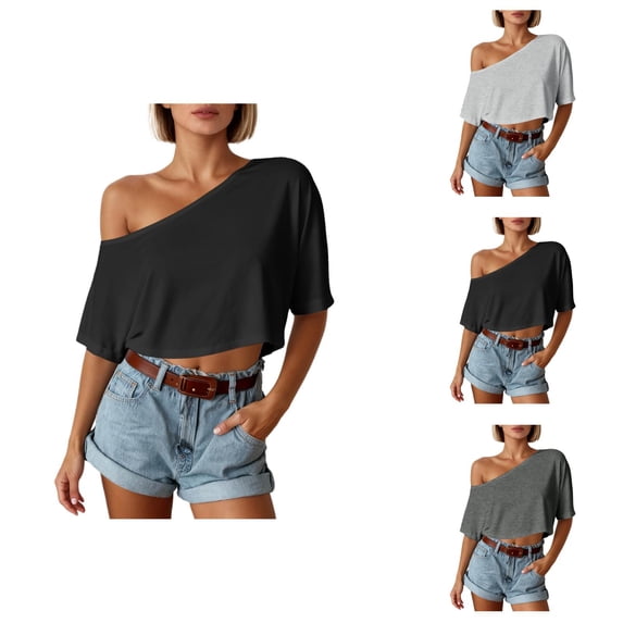 Off Shoulder T Shirts for Women 2026 Summer Short Sleeve One Shoulder Casual Cropped Tshirt Going out Tops Streetwear
