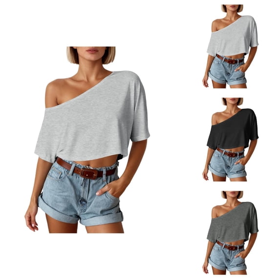 Off Shoulder T Shirts for Women 2026 Summer Short Sleeve One Shoulder Casual Cropped Tshirt Going out Tops Streetwear