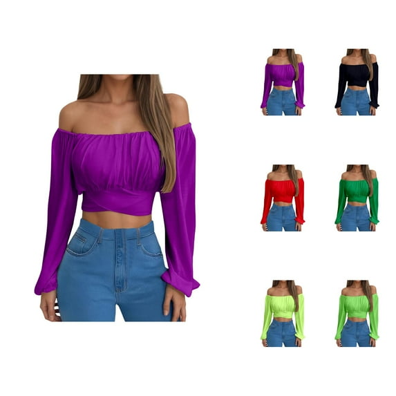 Off Shoulder Tops for Women 2025 Long Sleeve Ruched Tie Back Crop Top Summer Lantern Sleeve Boho Shirt Blouse