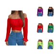 thumbnail image 1 of Off Shoulder Tops for Women 2025 Long Sleeve Ruched Tie Back Crop Top Summer Lantern Sleeve Boho Shirt Blouse, 1 of 8