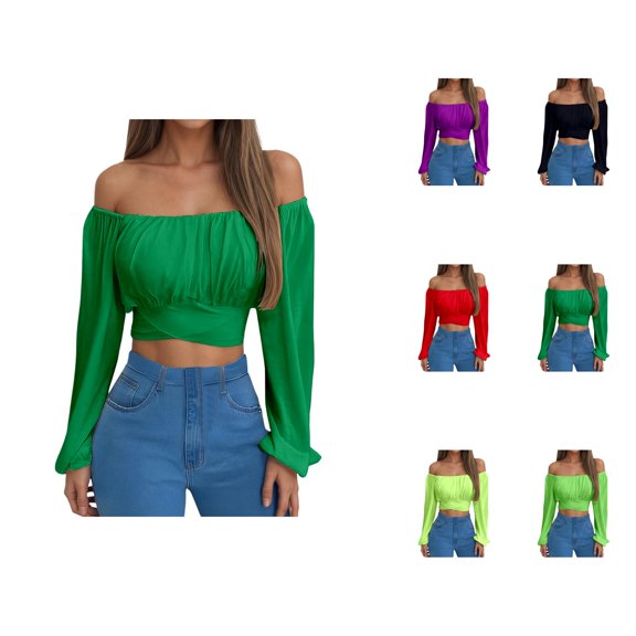 Off Shoulder Tops for Women 2025 Long Sleeve Ruched Tie Back Crop Top Summer Lantern Sleeve Boho Shirt Blouse