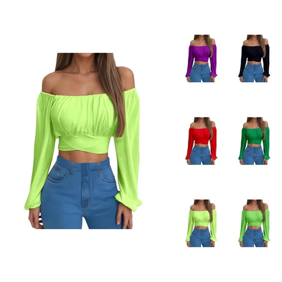 Off Shoulder Tops for Women 2025 Long Sleeve Ruched Tie Back Crop Top Summer Lantern Sleeve Boho Shirt Blouse