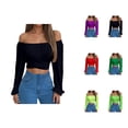 thumbnail image 1 of Off Shoulder Tops for Women 2025 Long Sleeve Ruched Tie Back Crop Top Summer Lantern Sleeve Boho Shirt Blouse, 1 of 8