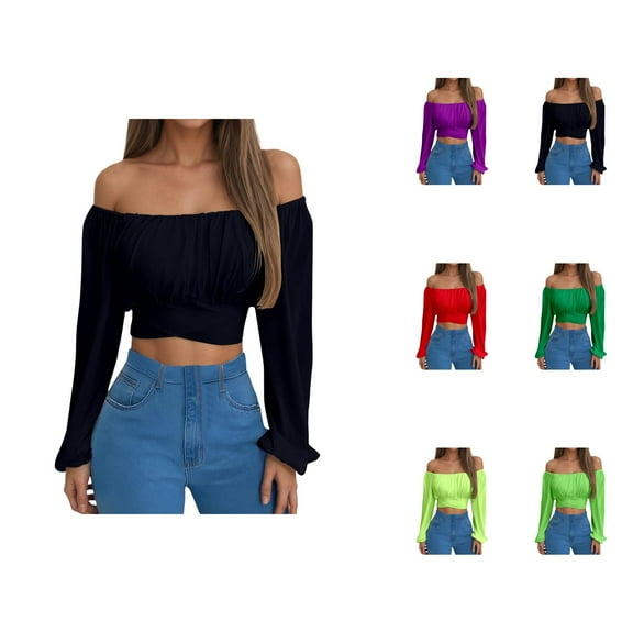 Off Shoulder Tops for Women 2025 Long Sleeve Ruched Tie Back Crop Top Summer Lantern Sleeve Boho Shirt Blouse