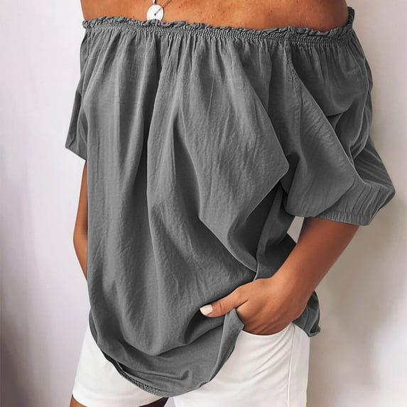 Off Shoulder Tops for Women Cotton Linen Shirt Breathable Half Sleeve Dressy Casual Pullover T-Shirts