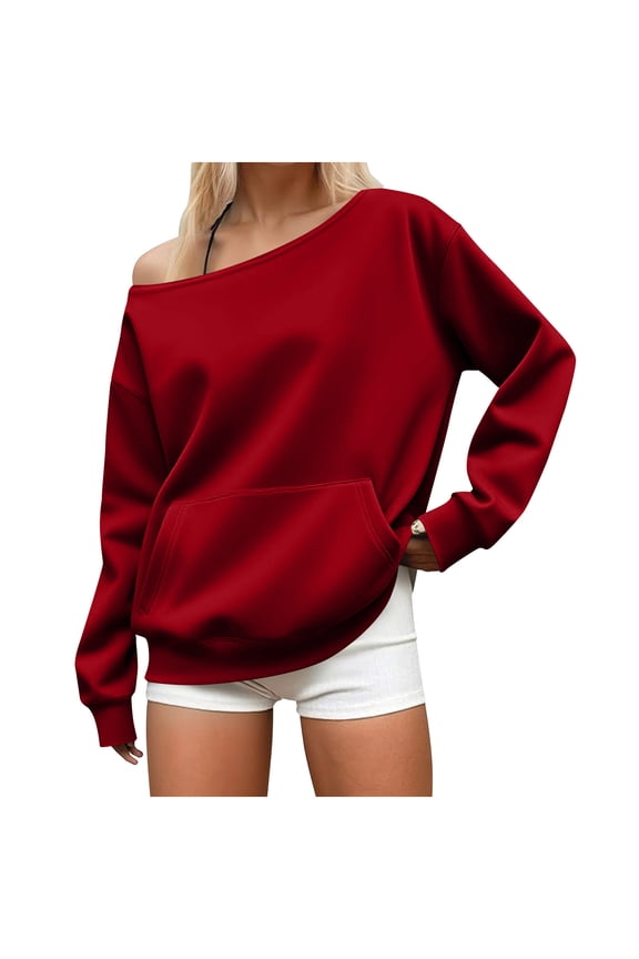 Off Shoulder Tops for Women Cute Long Sleeve Shirts Loose Fall Fashion Blouse Oversized Pullover Top with Pocket