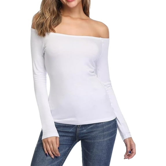 Off Shoulder Tops for Women Long Sleeve Cozy Tunic Tops Solid Color Fall Fashion Lightweight Shirt Stretchy Blouses (White,XL)