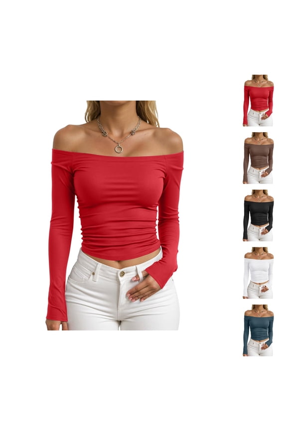 Off Shoulder Tops for Women Spring Fall Long Sleeve Fitted Cropped Shirt Y2k Going out Tops