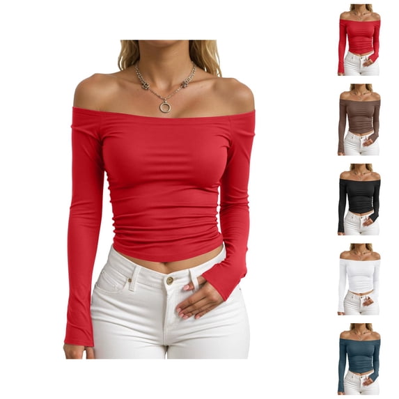 Off Shoulder Tops for Women Spring Fall Long Sleeve Fitted Cropped Shirt Y2k Going out Tops