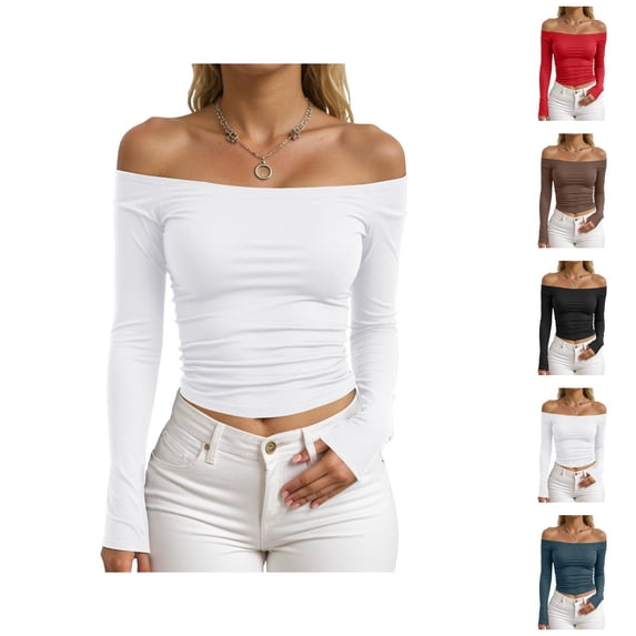 Off Shoulder Tops for Women Spring Fall Long Sleeve Fitted Cropped Shirt Y2k Going out Tops