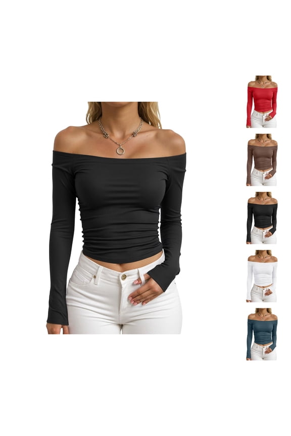 Off Shoulder Tops for Women Spring Fall Long Sleeve Fitted Cropped Shirt Y2k Going out Tops