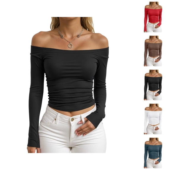Off Shoulder Tops for Women Spring Fall Long Sleeve Fitted Cropped Shirt Y2k Going out Tops