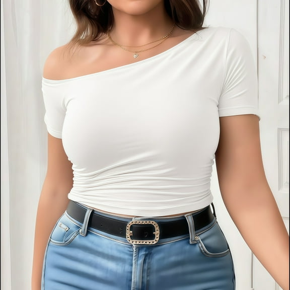 IAIKUO Women's Plus Size XXL Off Shoulder Top - Asymmetric Ruched,White