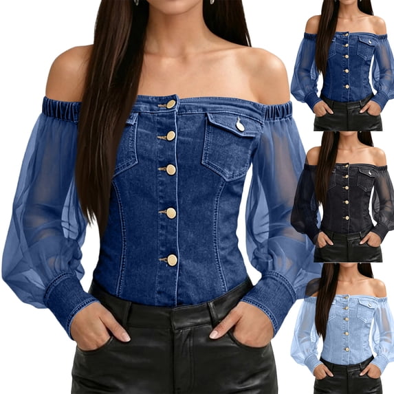 Off Shoulder Tops for Women Vintage Faux Denim Corset Tops Sheer Mesh Long Sleeve Button Up Shirts, XL