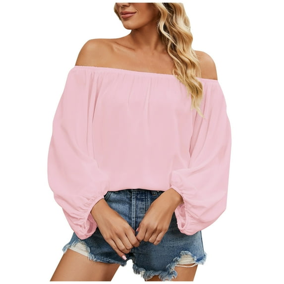 Off Shoulder Tops for Womens 2025 Clothing Lantern Long Sleeve Solid Blouse Tshirts Tee Shirts for Date Night
