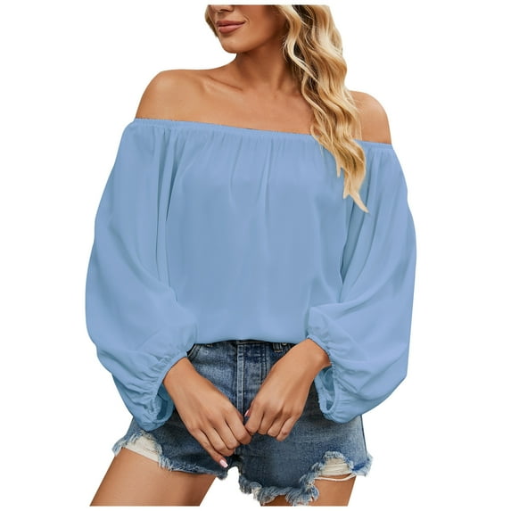 Off Shoulder Tops for Womens 2025 Clothing Lantern Long Sleeve Solid Blouse Tshirts Tee Shirts for Date Night