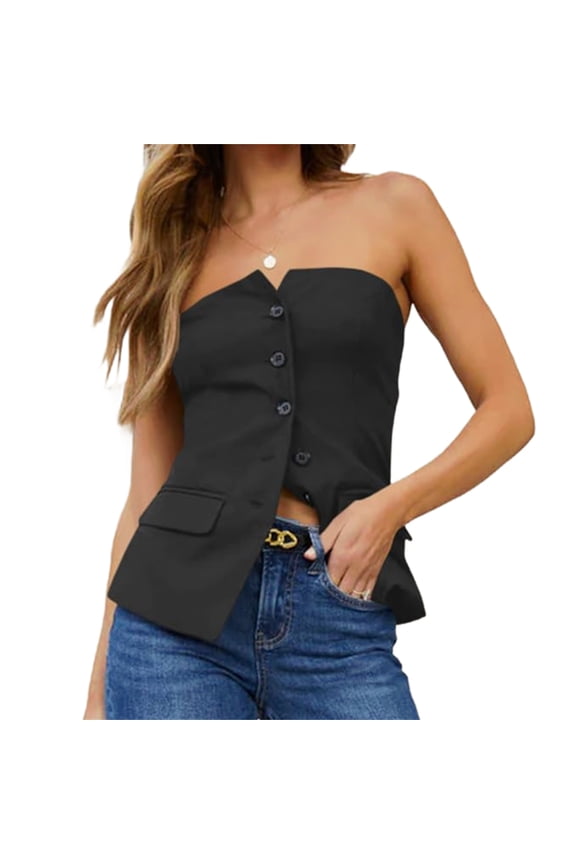 Sleeveless Women's Sexy Plunge Vest Jacket Button Fitted Strapless Work Suit Tank Top
