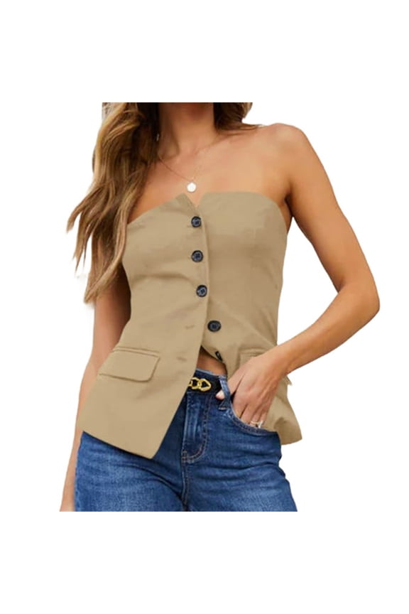 Sleeveless Women's Sexy Plunge Vest Jacket Button Fitted Strapless Work Suit Tank Top