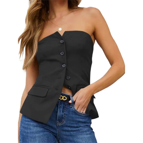 Sleeveless Women's Sexy Plunge Vest Jacket Button Fitted Strapless Work Suit Tank Top