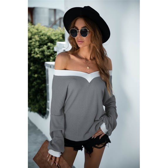 Off Shoulder Two Tone Waffle Knit Loose Fit Sweater for Women