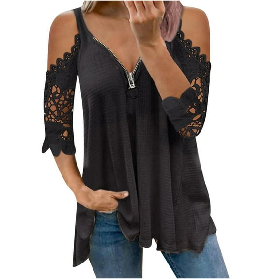 Off Shoulder V Neck Waffle Tops for Women Patchwork Zip Hollow Out 1/2 Sleeve T-Shirt Casual Lace Tunics Pullover Blouse
