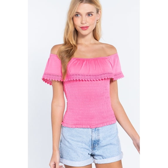 Off Shoulder W/lace Smocked Top L