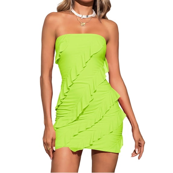 Off Shoulder Women Strapless Slim Ifit Ruffle Club Bodycon Mini Dress