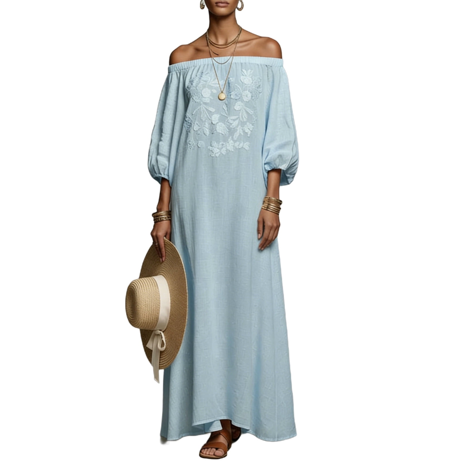 Off The Shoulder Dress for Women Floral Embroidered Puff 3/4 Sleeve Boho Maxi Dresses Casual Loose Fit Long Dress