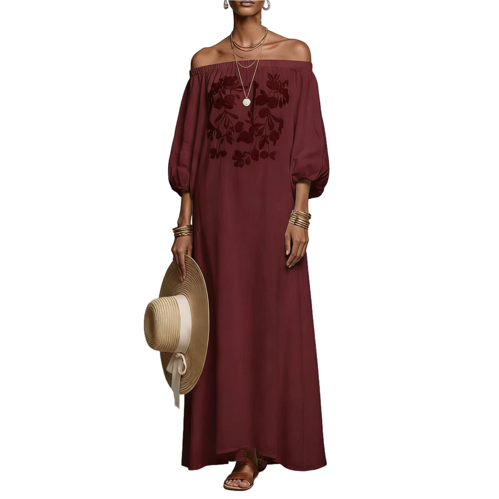 Off The Shoulder Dress for Women Floral Embroidered Puff 3/4 Sleeve Boho Maxi Dresses Casual Loose Fit Long Dress