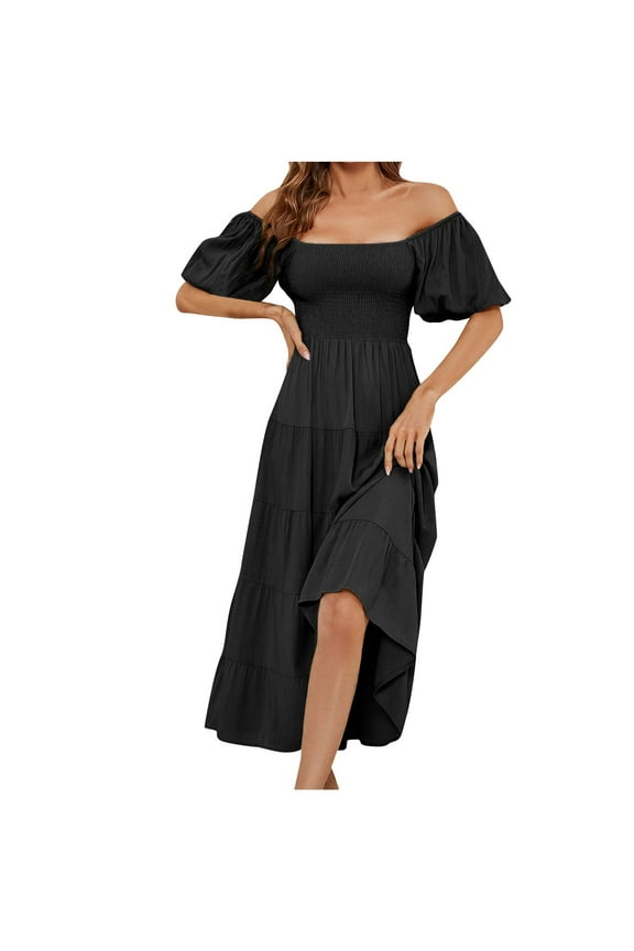 Off The Shoulder Dresses for Women 2024 Summer Puff Sleeve Smocked Tiered Flowy A Line Beach Party Midi Dress