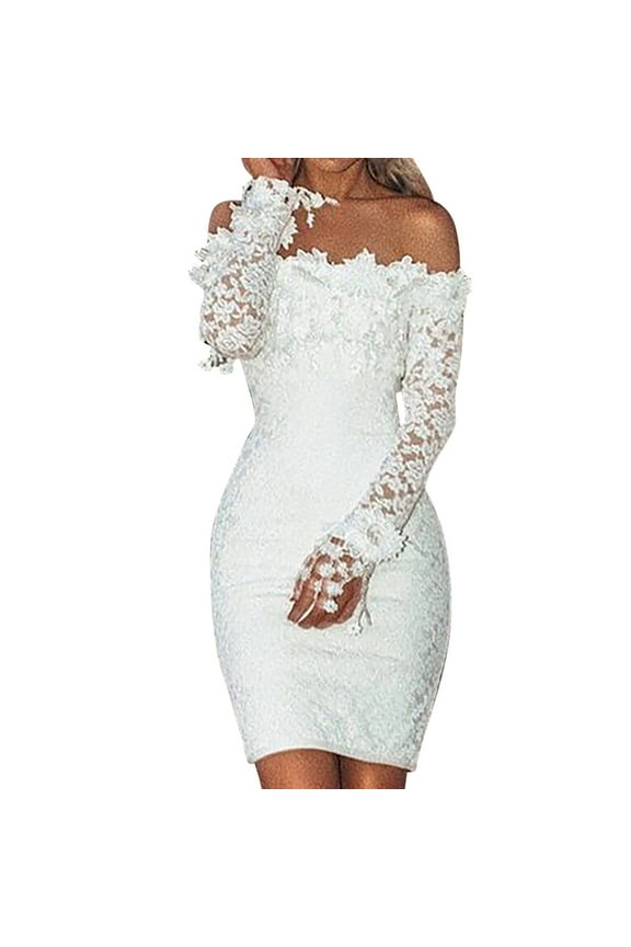 Off The Shoulder Lace Dress for Women Elegant Classy Sexy Bodycon Mini Dress White Long Sleeve Wedding Dress