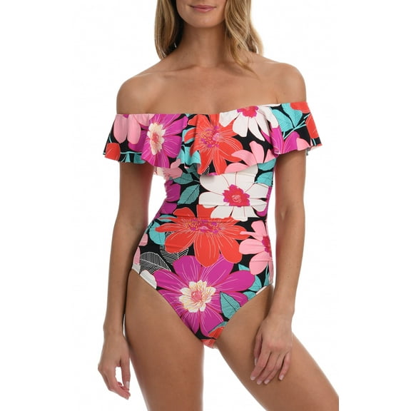 La Blanca Women's Off Shoulder Ruffle One Piece Swimsuit, Multi//in Full Bloom, 6