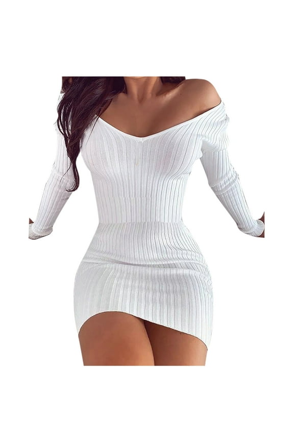 Off The Shoulder Sweater Dress For Women Chic V Neck Bodycon Mini Dresses Trendy Knitted Long Sleeve Dress
