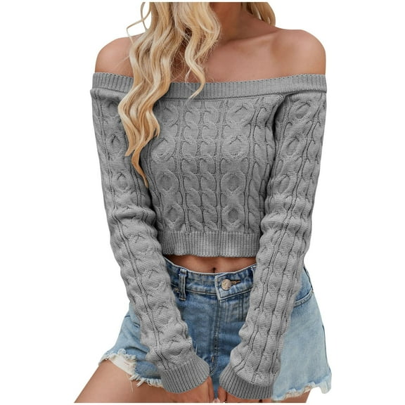 Off The Shoulder Sweater Sevevn Women's Off The Shoulder Cable Knit Sweater Long Sleeve Cropped Sweater Pullover Tops