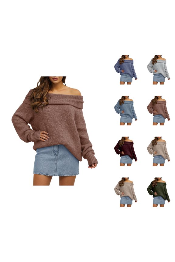 Off The Shoulder Sweater for Women Fall Winter Long Batwing Sleeve Fold over Knit Pullover Sweaters Top