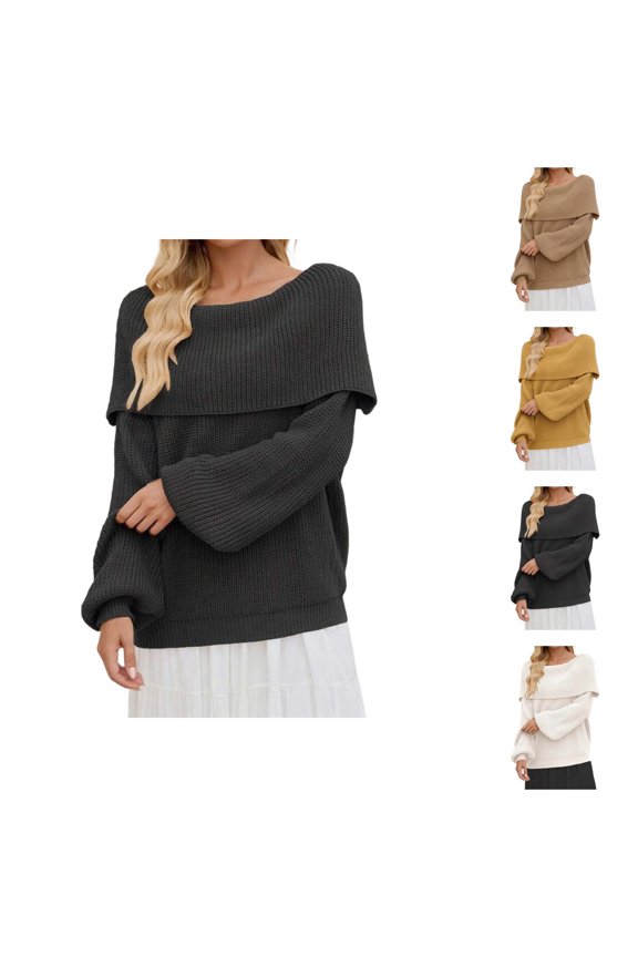 Off The Shoulder Sweater for Women Fall Winter Long Sleeve Fold over Oversized Knit Pullover Sweaters