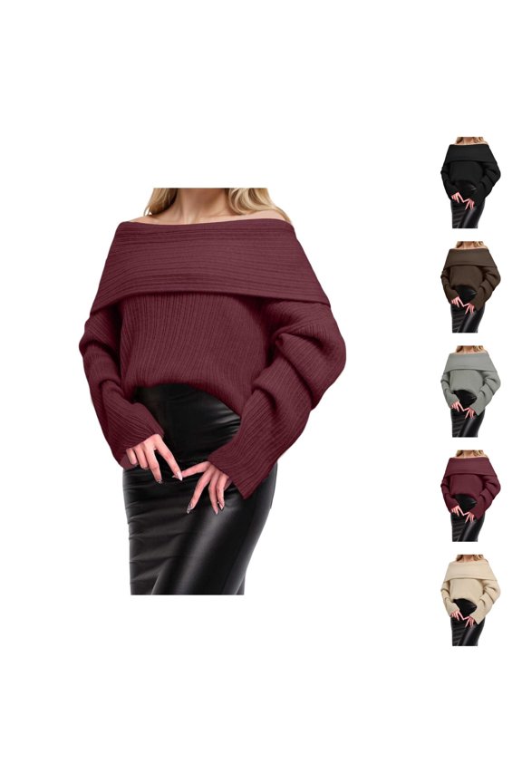 Off The Shoulder Sweater for Women Long Sleeve Oversized Slouchy Fold over Knitted Pullover Sweater Fall Winter Tops