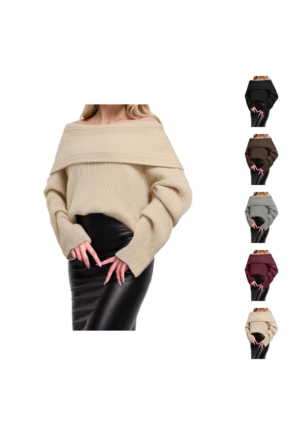 Off The Shoulder Sweater for Women Long Sleeve Oversized Slouchy Fold over Knitted Pullover Sweater Fall Winter Tops
