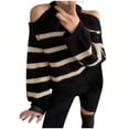 thumbnail image 1 of Off The Shoulder Sweater for Women Striped Long Sleeve Cable Knit Pullover Top Black Free Size, 1 of 2