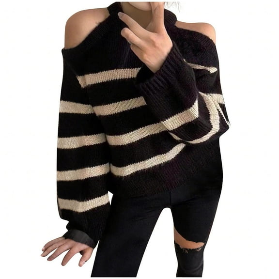 Off The Shoulder Sweater for Women Striped Long Sleeve Cable Knit Pullover Top Black Free Size