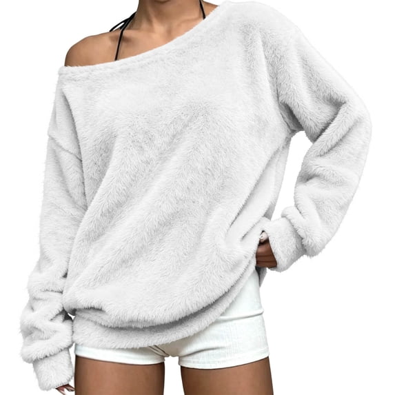 Off The Shoulder Sweatshirt Women Fuzzy Tops Plush Sweater Loose Long Sleeve Casual Plain Pullover, White L